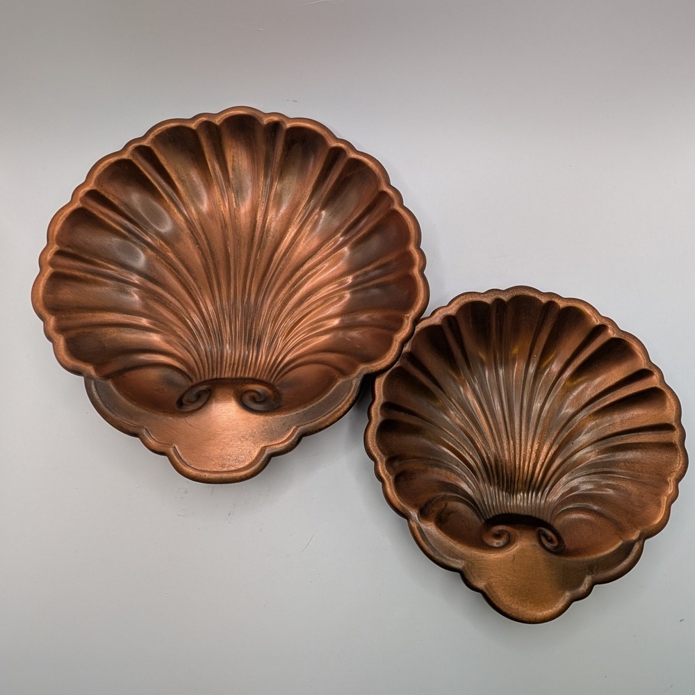 Vtg Pair‎ Copper Scallop Shell Candy Dish Trinket Tray Nest Nautical Coastal MCM